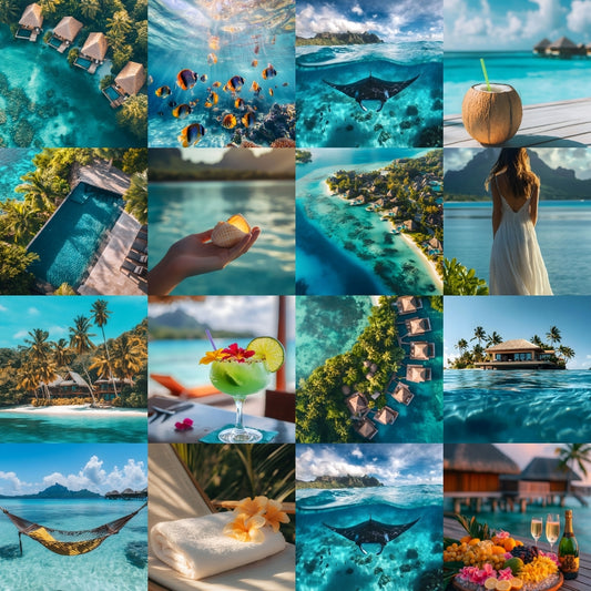 Collection of Bora Bora travel stock photo scenes.