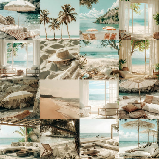 Collage of Coastal Film Travel Stock Photo Bundle including beachside scenes with umbrellas, palm trees, and lounge chairs.