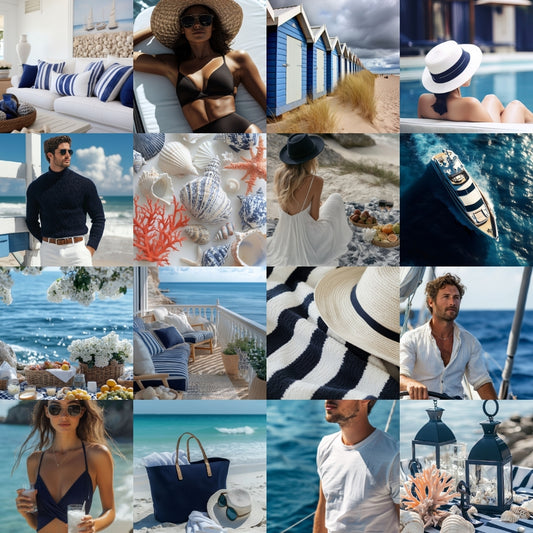 Collage of Coastal Getaway Lifestyle Stock Photo Bundle with people by the pool, beach, and ocean with various accessories.