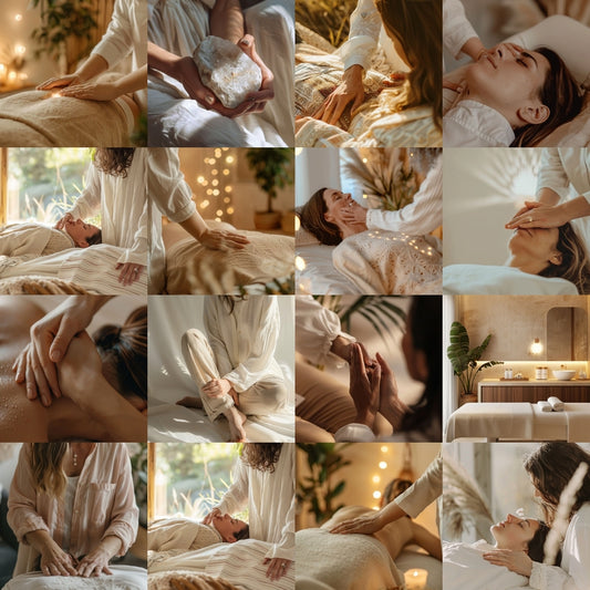 Collage of Energy Healing Reiki Stock Photo Bundle scenes.