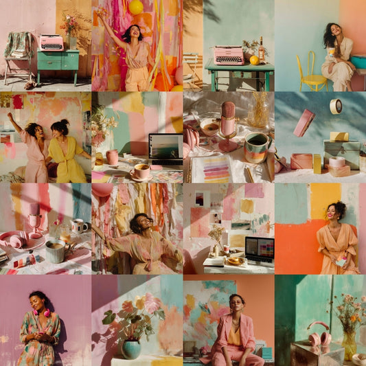 Collage of Fun & Colorful Lifestyle Stock Photos including women having fun, podcast equipment, office spaces, plants and more.