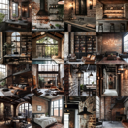 Collage of Industrial Interior Design Stock Photo Bundle including various industrial-style interior design elements including brick walls, large windows, and modern furniture.