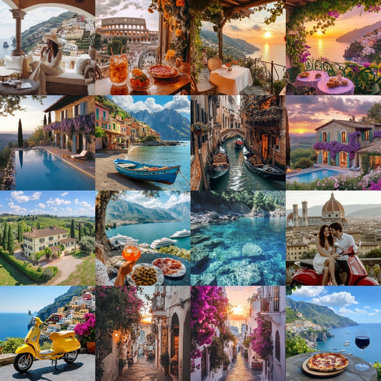 Collage of Italian Aesthetic Travel Stock Photo Bundle from various locations, including a coastal town, a restaurant, and a scenic drive.
