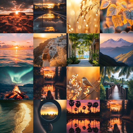 Collage of Nature Themed Travel Stock Photo Bundle with various scenic and nature-themed images including sunsets, landscapes, and natural elements.