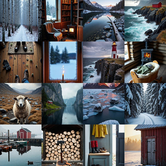 Collage of Norway Themed Travel Stock Photo Bundle, with various scenic and indoor winter scenes including mountains, lakes, and cozy interiors.