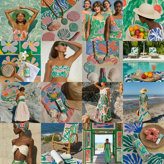 Collage of Retro Riviera Lifestyle Stock Photo Bundle including women in colorful dress at various locations with beach and poolside elements.