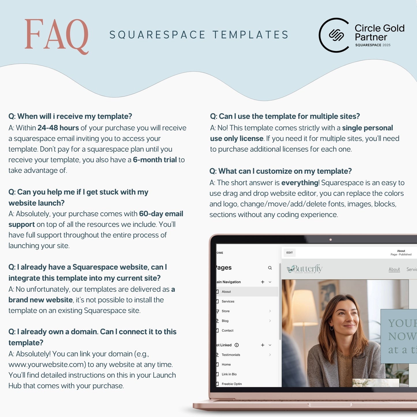 FAQ section about Squarespace Template For Therapists with a laptop displaying a Squarespace website.