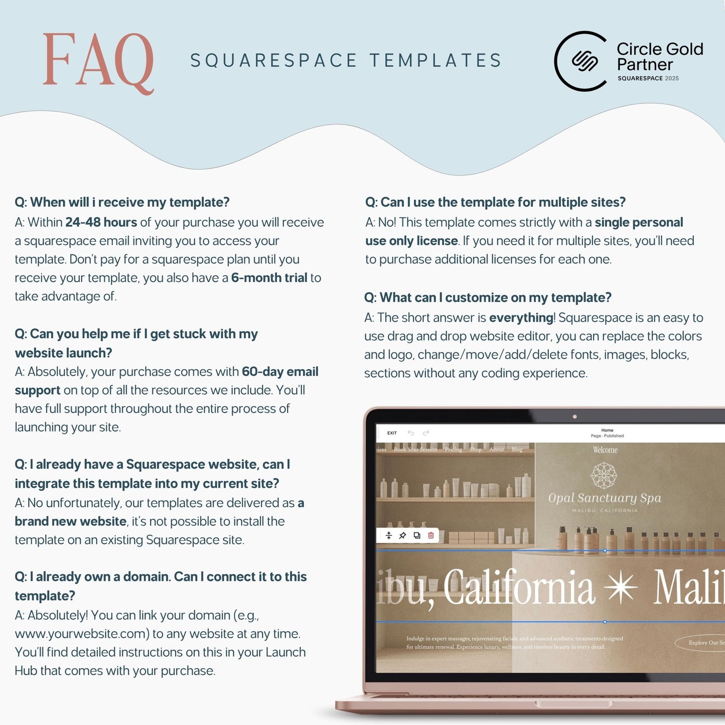 FAQ section about Squarespace template medspa with a laptop displaying a website.