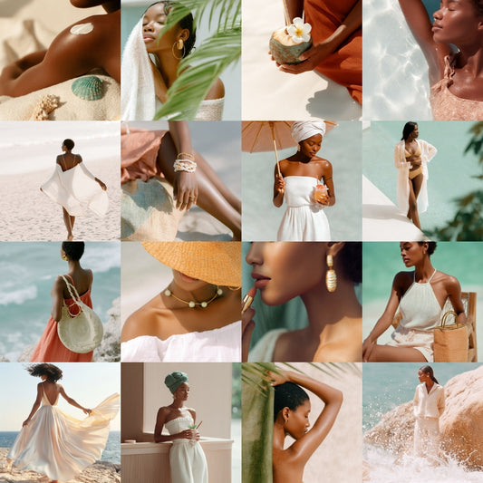 Collage of Tropical Melanin Luxury Lifestyle Stock Photo Bundle with various poses and accessories.