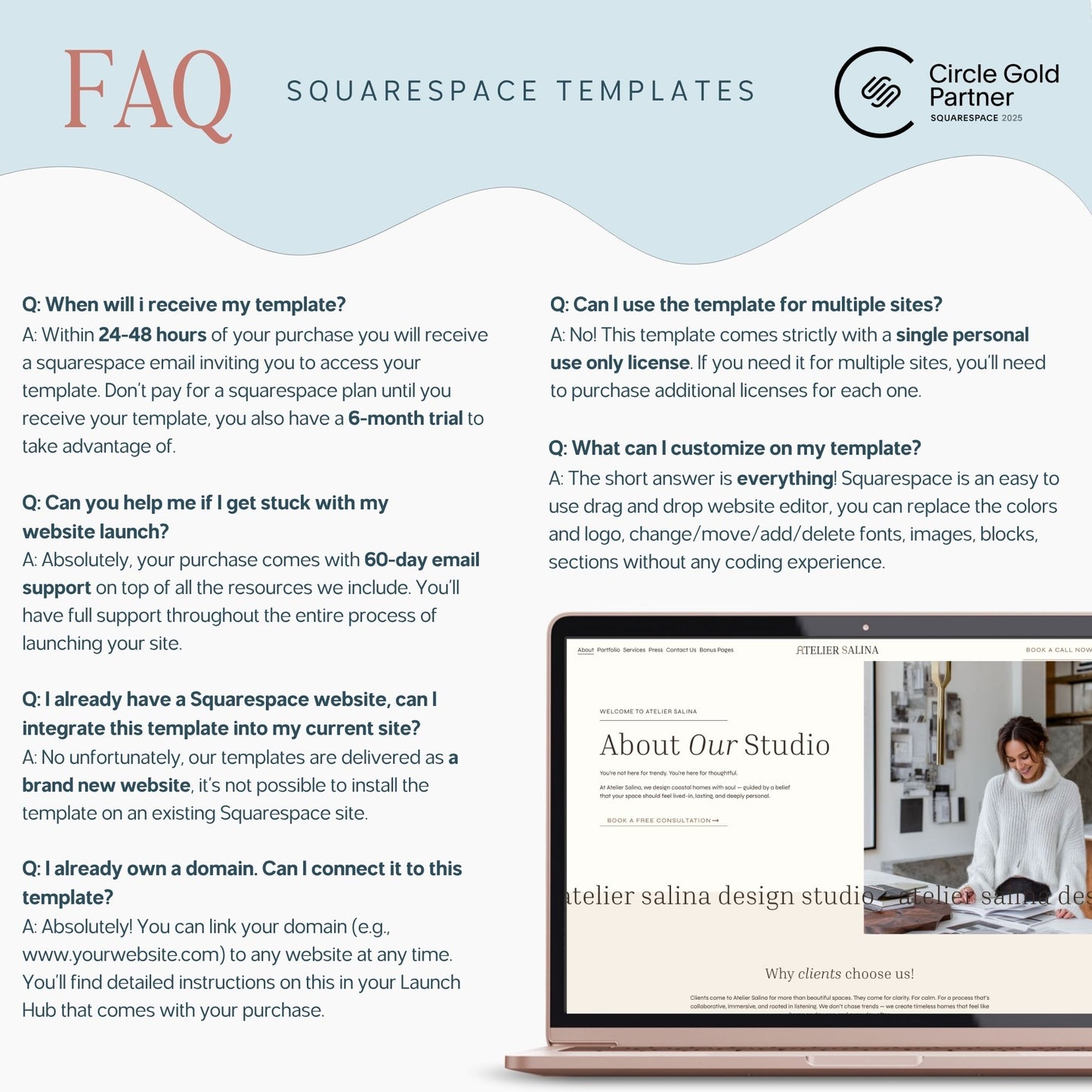FAQ section about Squarespace templates with a laptop displaying a website on a light blue background.