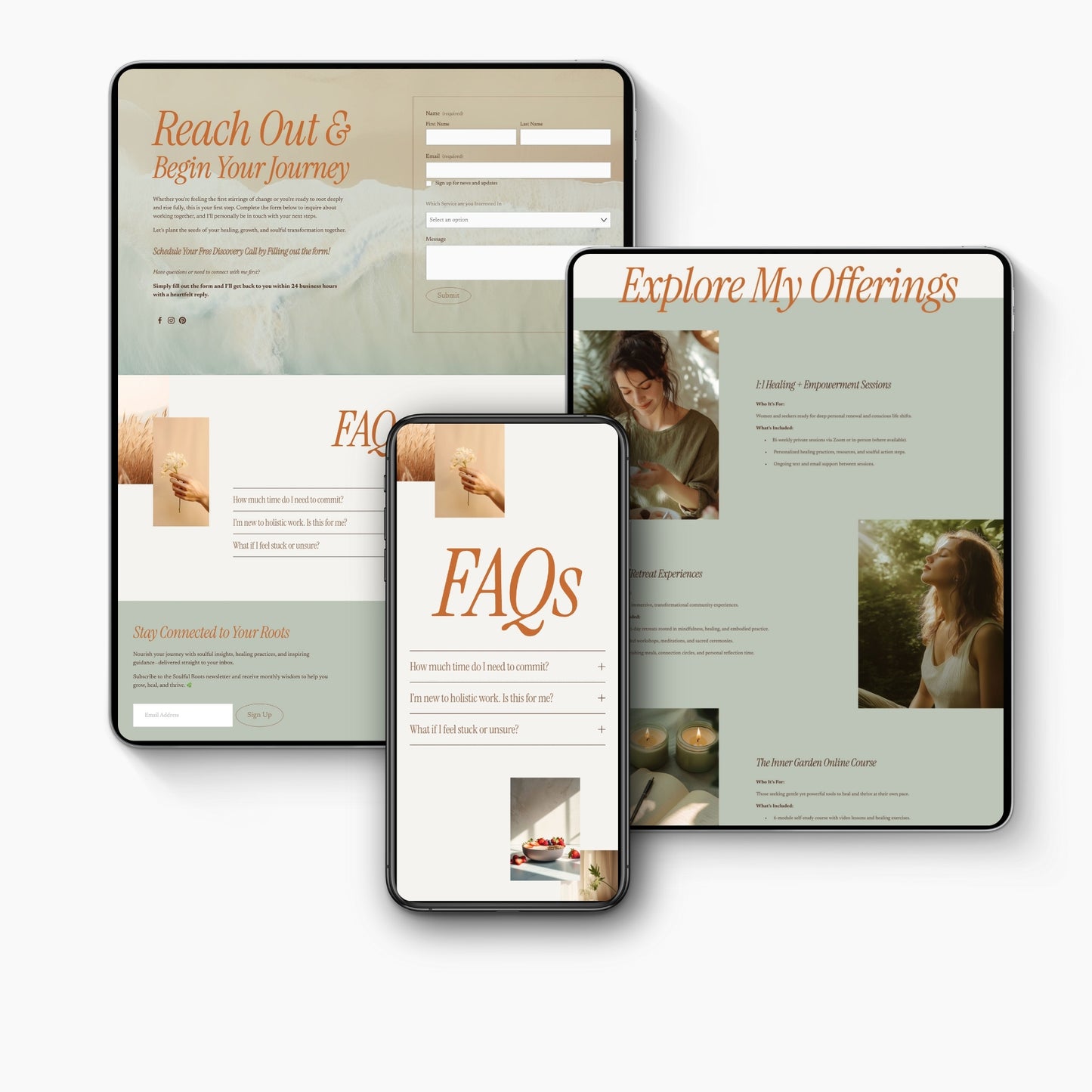 Three devices displaying a One Page Squarespace Website Template For Holistic Coaches with 'FAQs' and 'Explore My Offerings' sections.