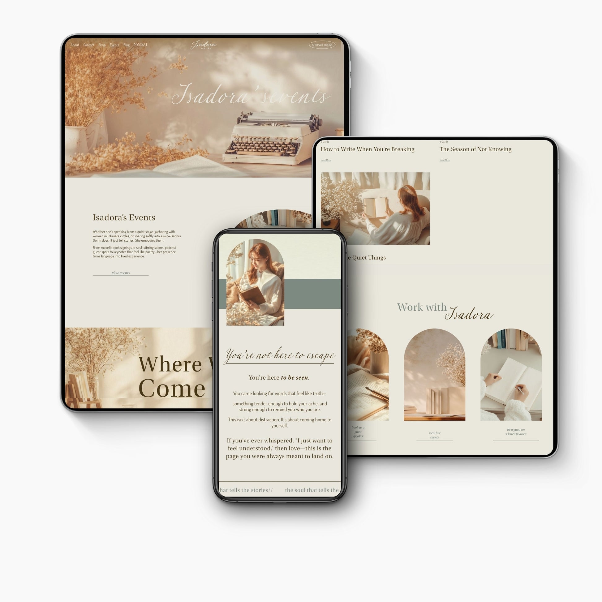 Digital mockup of a branded squarespace author template website design on a smartphone and tablet.