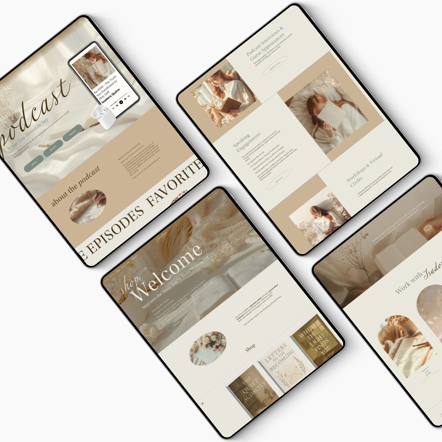 Set of phone screens displaying a podcast episode interface on a squarespace author template with a beige and brown color scheme.