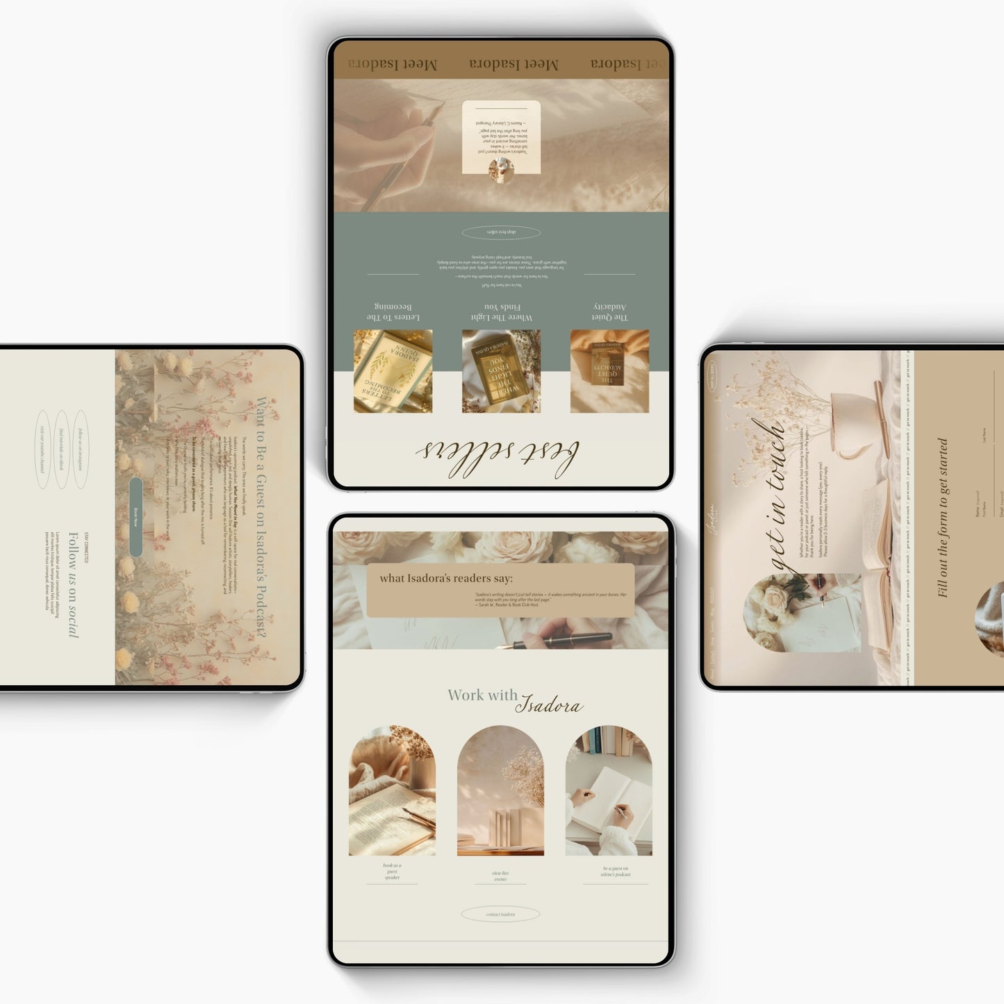 Set of four squarespace author template screenshots with a vintage design theme.