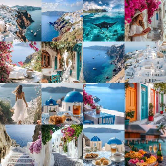 Collage of scenic and lifestyle images from Santorini, Greece. Preview of the Santorini Themed Travel Stock Photos