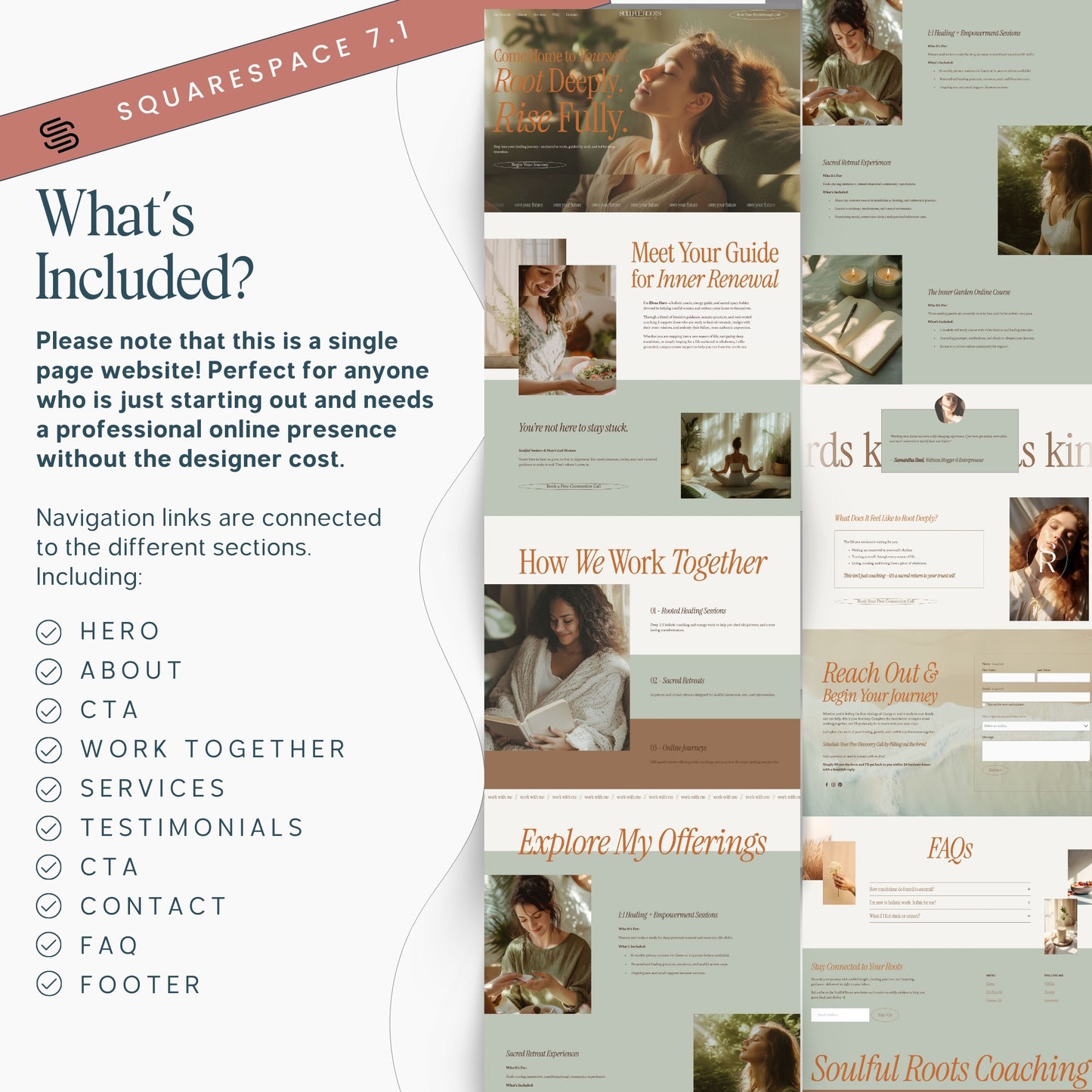 Collage of One Page Squarespace Website Template For Holistic Coacheswith text overlay on a white background