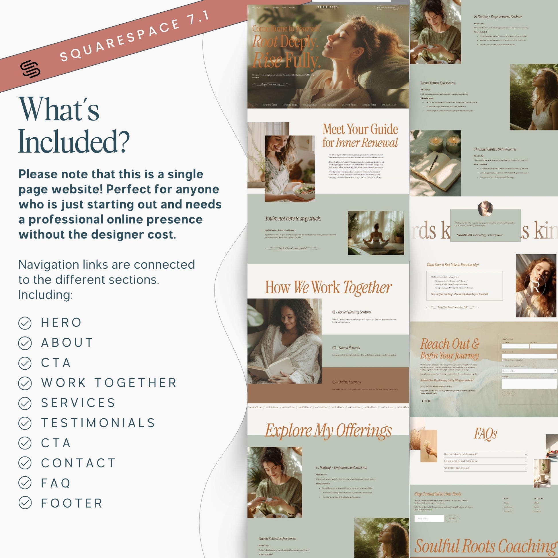 Collage of One Page Squarespace Website Template For Holistic Coacheswith text overlay on a white background