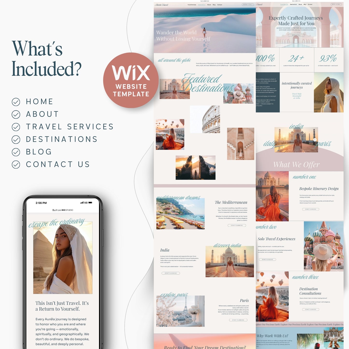 Wix Studio Travel Agency Website Template with various pages and a smartphone displaying the template.