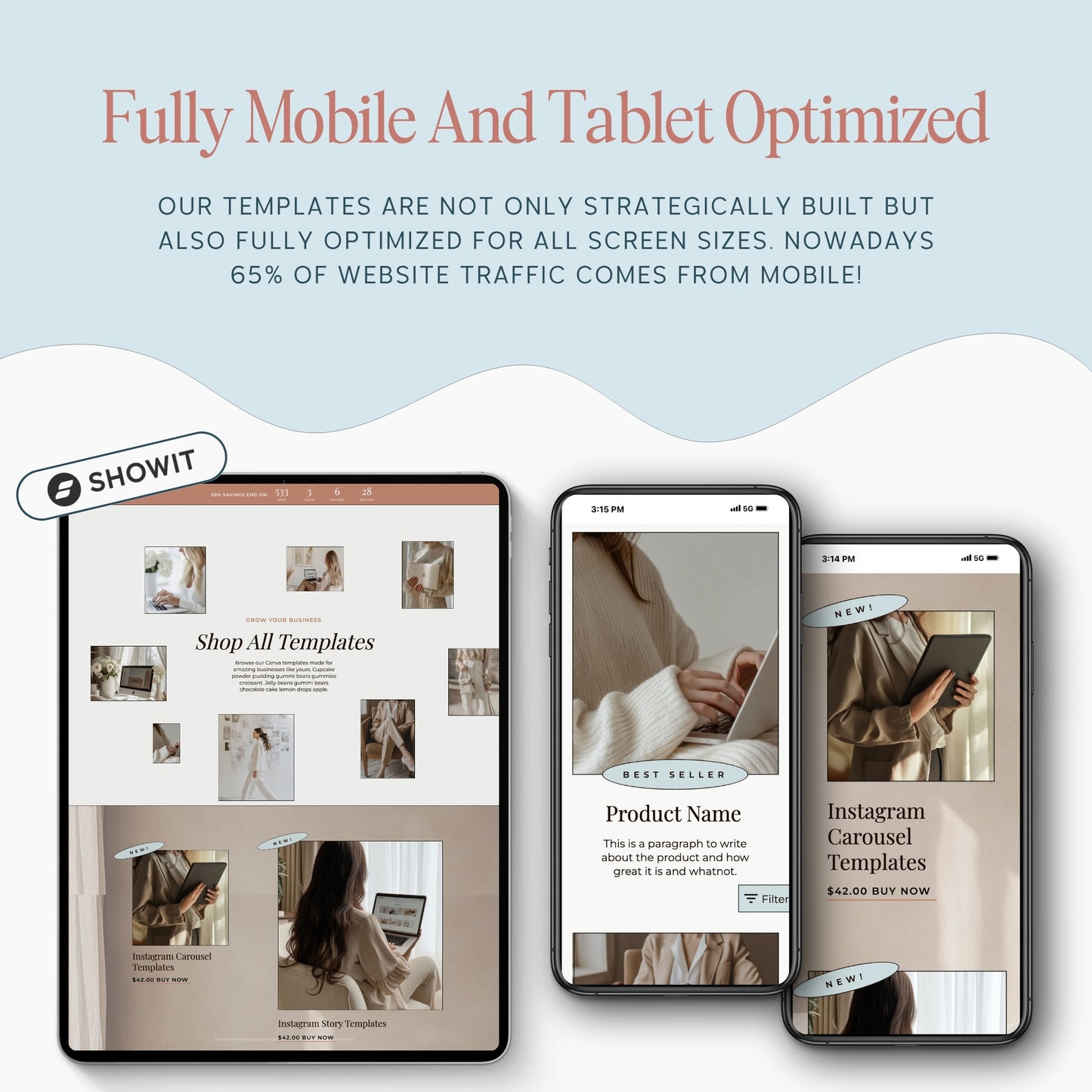 Showit Shop Page Template Add On displayed on tablets and smartphones with promotional text about mobile and tablet optimization.