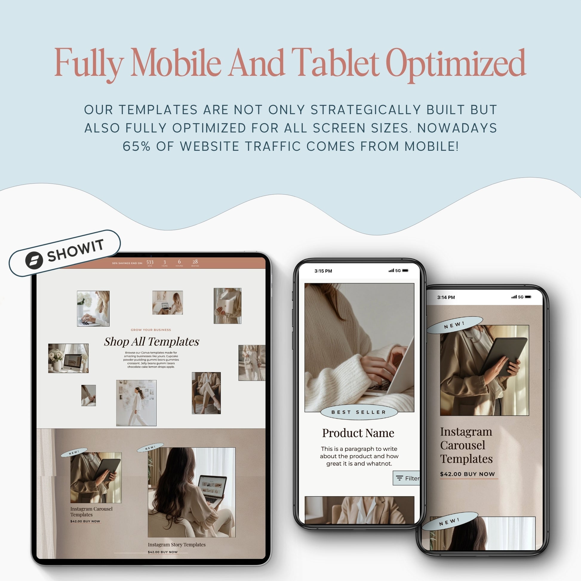 Showit Shop Page Template Add On displayed on tablets and smartphones with promotional text about mobile and tablet optimization.
