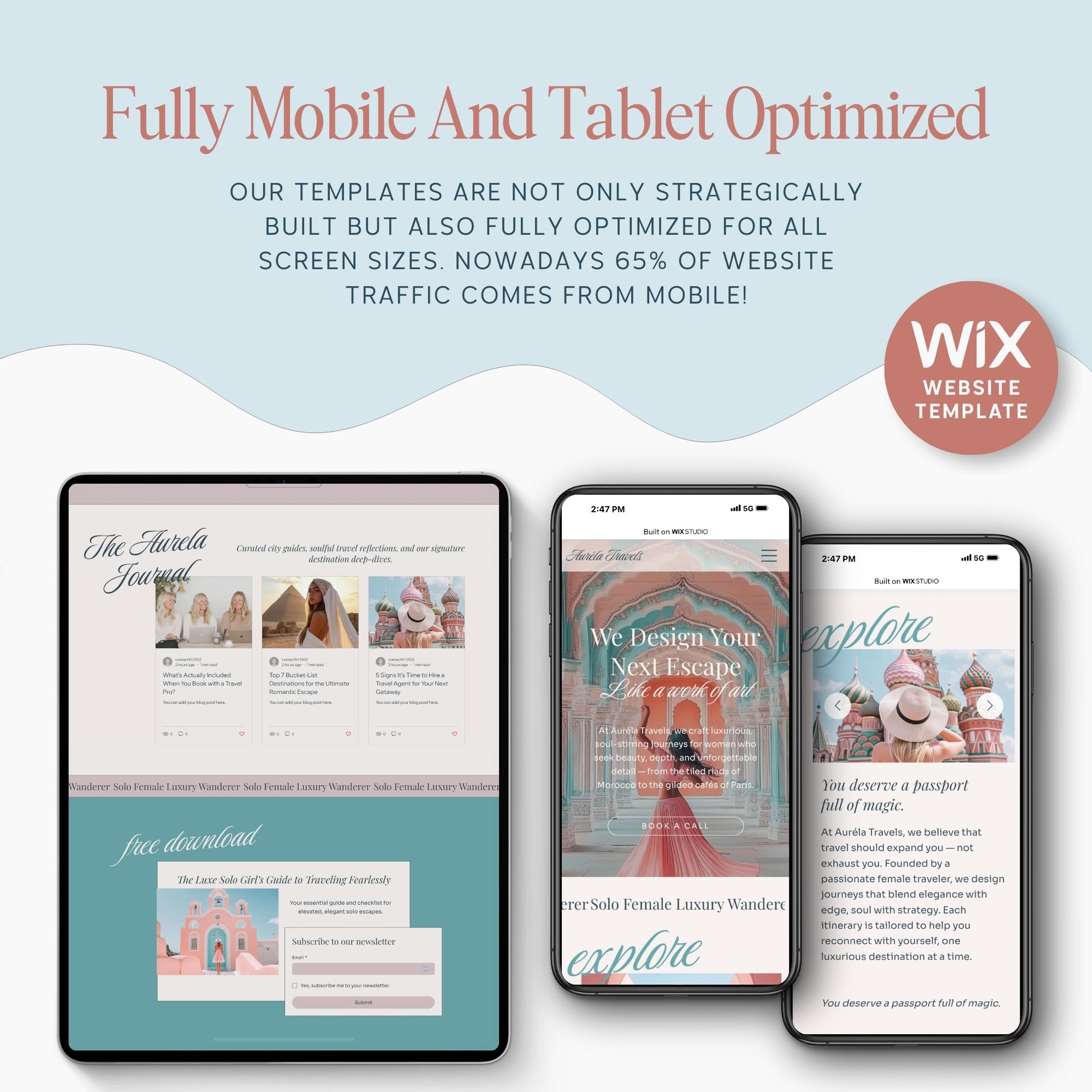Wix Studio Travel Agency Website Template displayed on tablet, smartphone, and desktop with promotional text about mobile and tablet optimization.