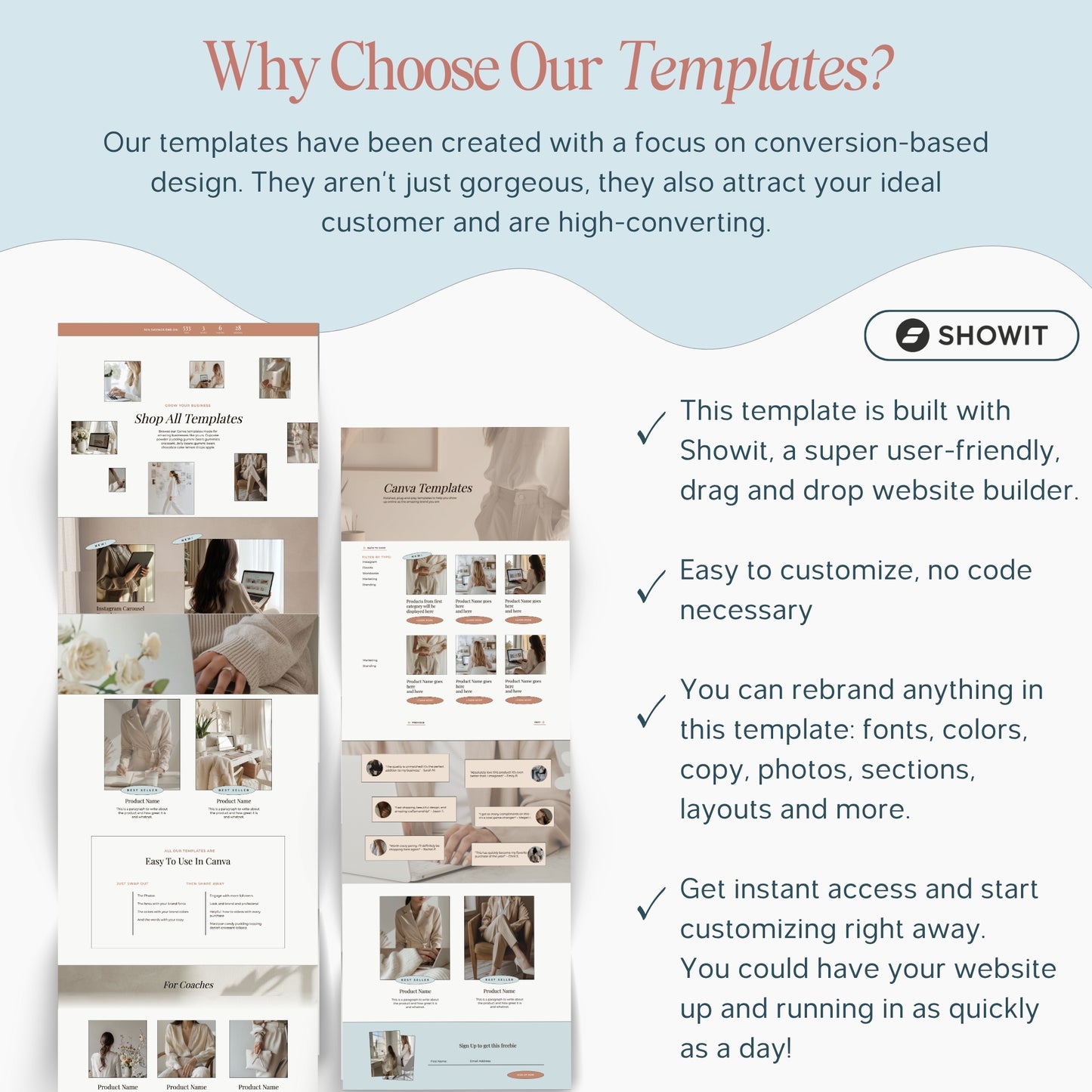 Promotional graphic for Showit Shop Page Template Add On with text about conversion-based design and Showit builder.