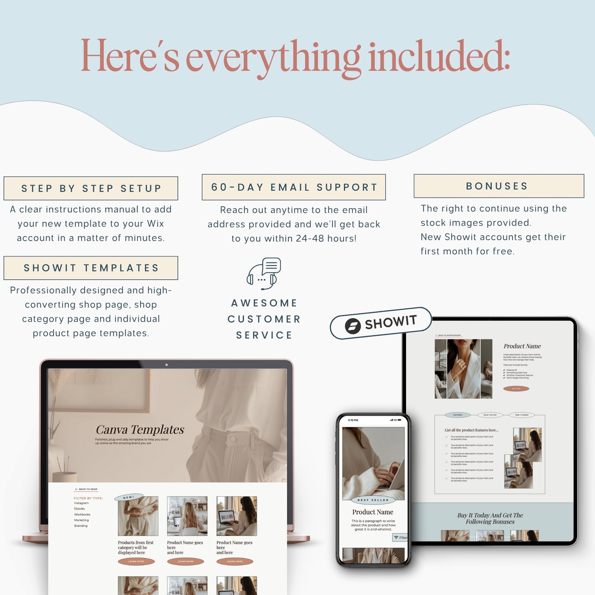 Four smartphones displaying a Showit Shop Page Template Add On on a white background.