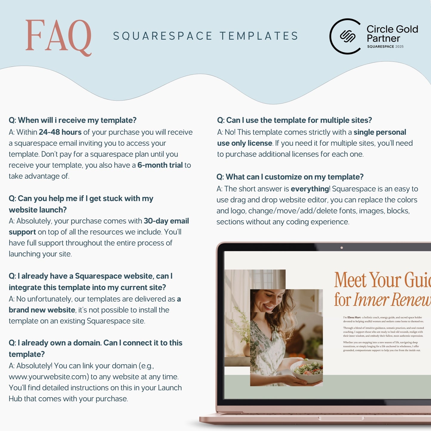 FAQ section about One Page Squarespace Website Template For Holistic Coaches with a laptop displaying a website on a light blue background.