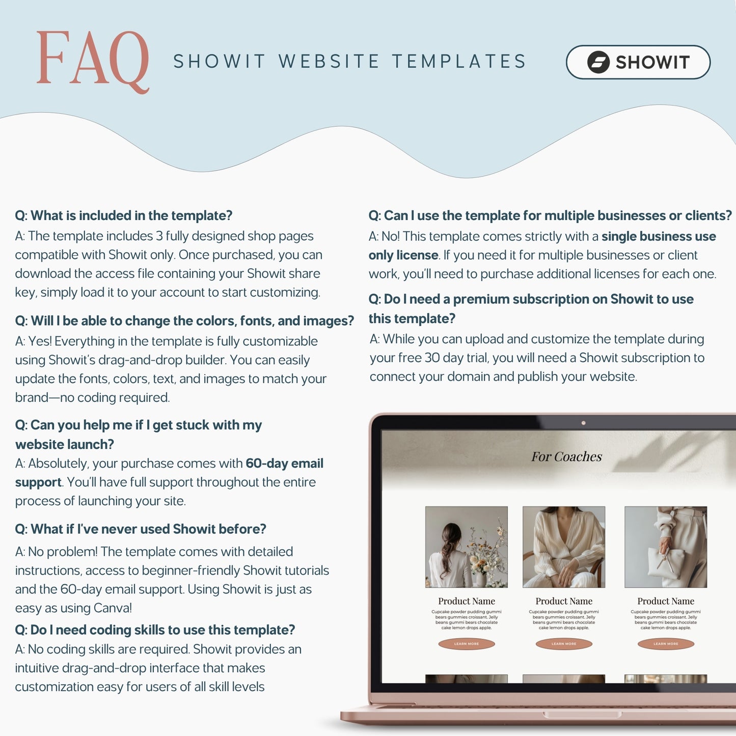 FAQ section for Showit Shop Page Template Add On with a laptop displaying a website on a light blue background.