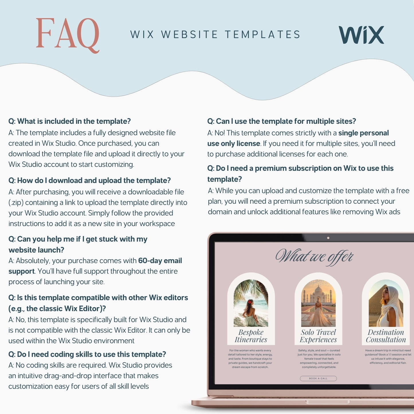 Wix Studio Travel Agency Website Template FAQ with a laptop displaying a website design.