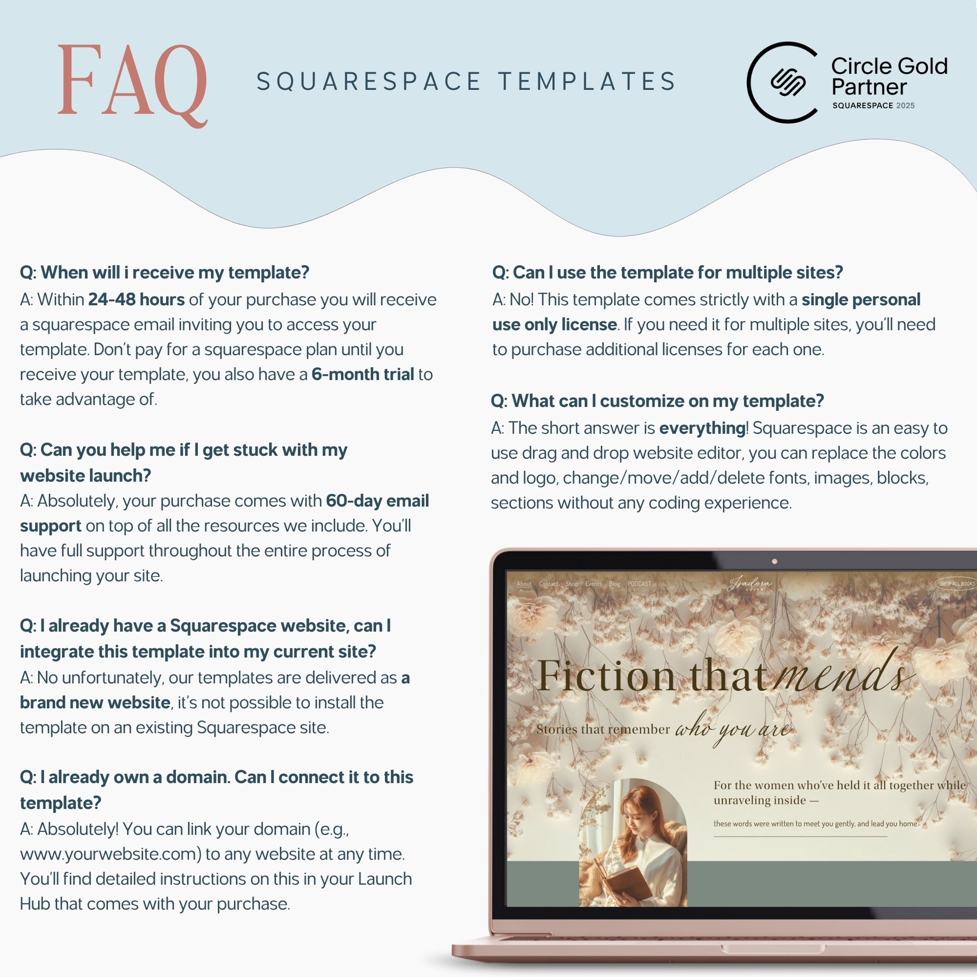 FAQ section about Squarespace templates with a laptop displaying a website on a light blue background.