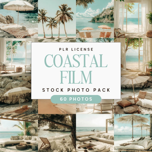 Collage of Coastal Film Travel Stock Photo Bundle  with text overlay for a stock photo pack.