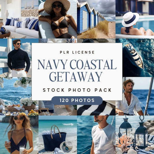 Collage of Coastal Getaway Lifestyle Stock Photo Bundle with text overlay for a stock photo pack.