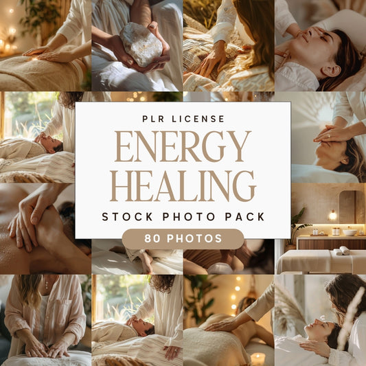 Collage of Energy Healing Reiki Stock Photo Bundle with a text overlay indicating PLR license and photo pack details.