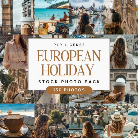Collage of European Holiday Travel Stock Photo Bundle with text overlay for a European holiday stock photo pack.