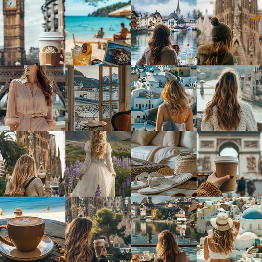 Collage of European Holiday Travel Stock Photo Bundle including a woman, scenic views, and coffee.