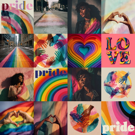 Collage of Happy Pride Stock Photo Bundle celebrating pride with rainbow colors and related symbols.