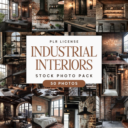 Collage of Industrial Interior Design Stock Photo Bundle with a text overlay for a stock photo pack.