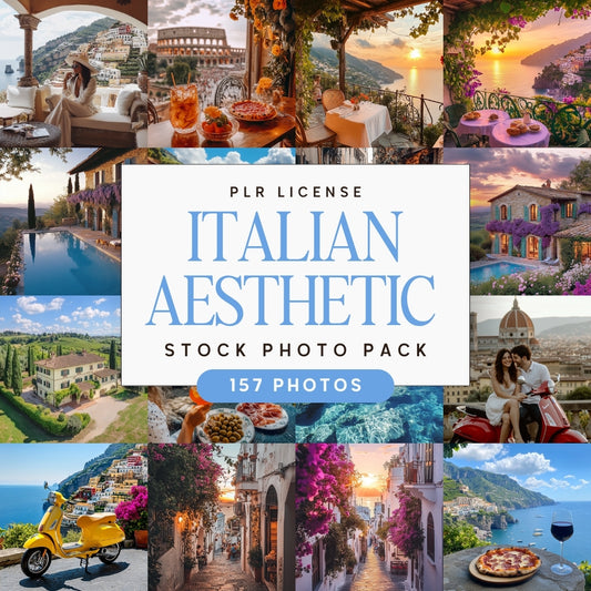 Collage of IItalian Aesthetic Travel Stock Photo Bundle  with a text overlay for 'Italian Aesthetic Stock Photo Pack'.