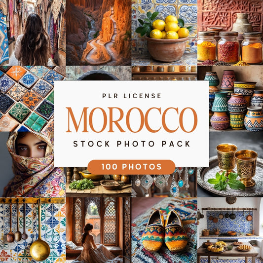 Collage of Morocco themed travel stock photos with a central text overlay for a PLR license.