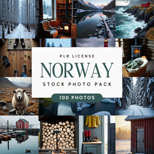 Collage of scenic Norway Themed Travel Stock Photos with stock photo pack text overlay.