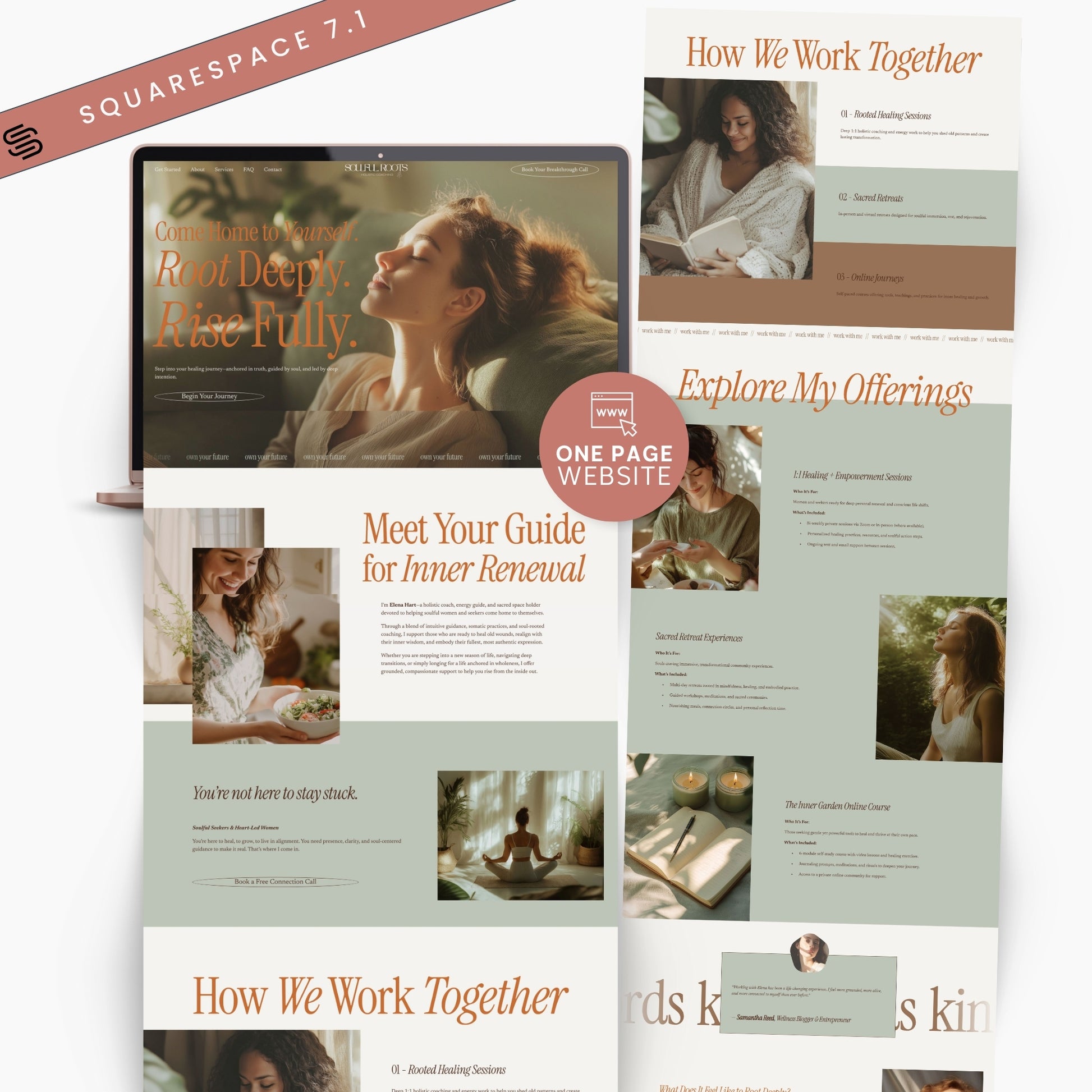 Collage of Squarespace website templates with a focus on one-page website for holistic coaches.
