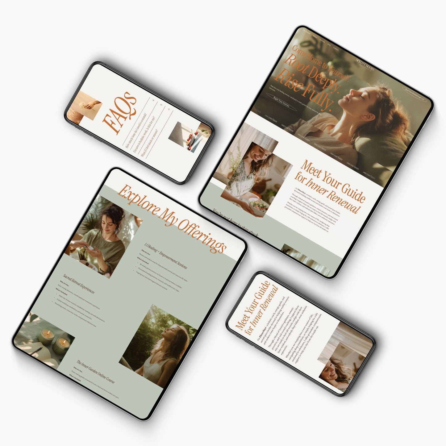 Four smartphone screens displaying a One Page Squarespace Website Template For Holistic Coaches  on a white background