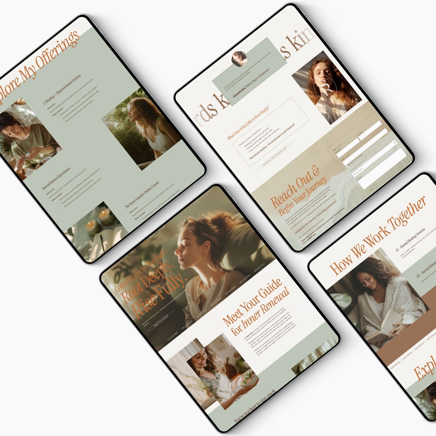 Mockup of a One Page Squarespace Website Template For Holistic Coaches with images and text on a white background