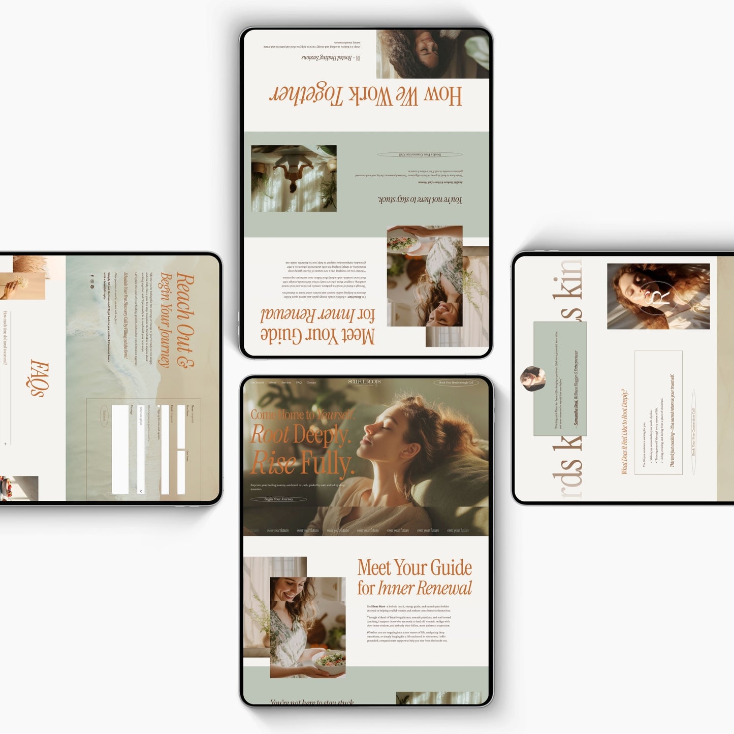 Collage of various mockup images of a One Page Squarespace Website Template For Holistic Coaches