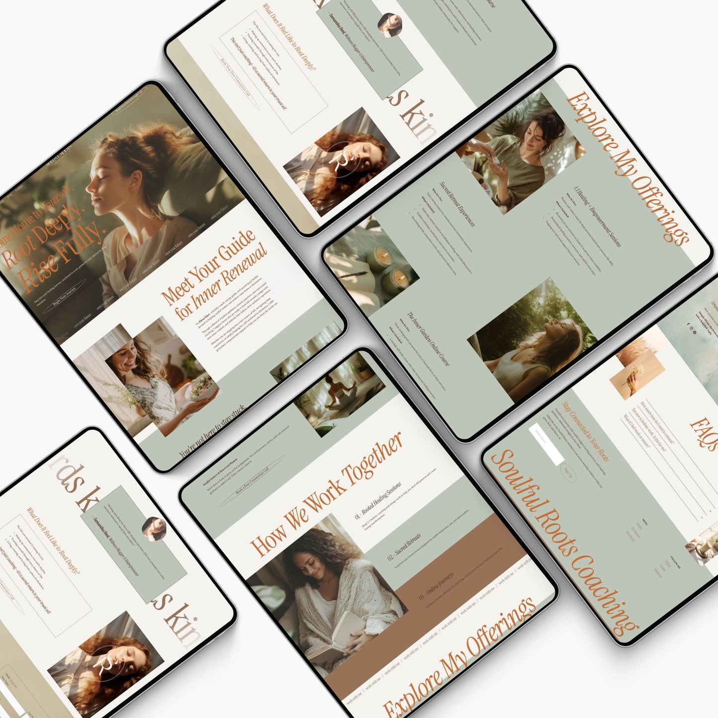 A collection of digital screens displaying a Squarespace website template for a holistic coach, featuring text, images, and navigation elements.