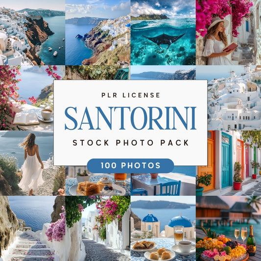 Collage of Santorini Themed Travel Stock Photos with a central text overlay for a stock photo pack.