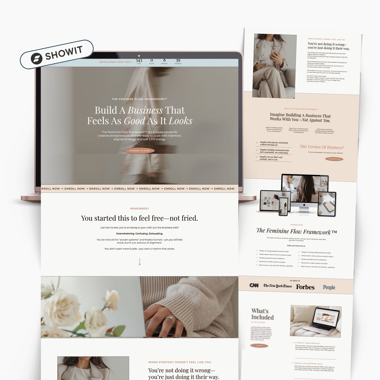 Showit course sales page template mocked up in a rose gold macbook on a white background