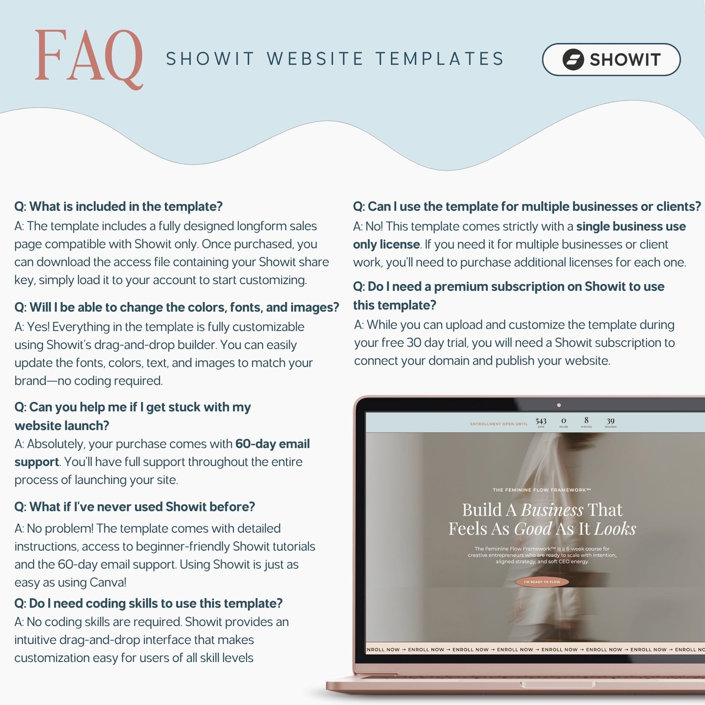 FAQ section for Showit course sales page template with a laptop displaying a website on a light blue background.