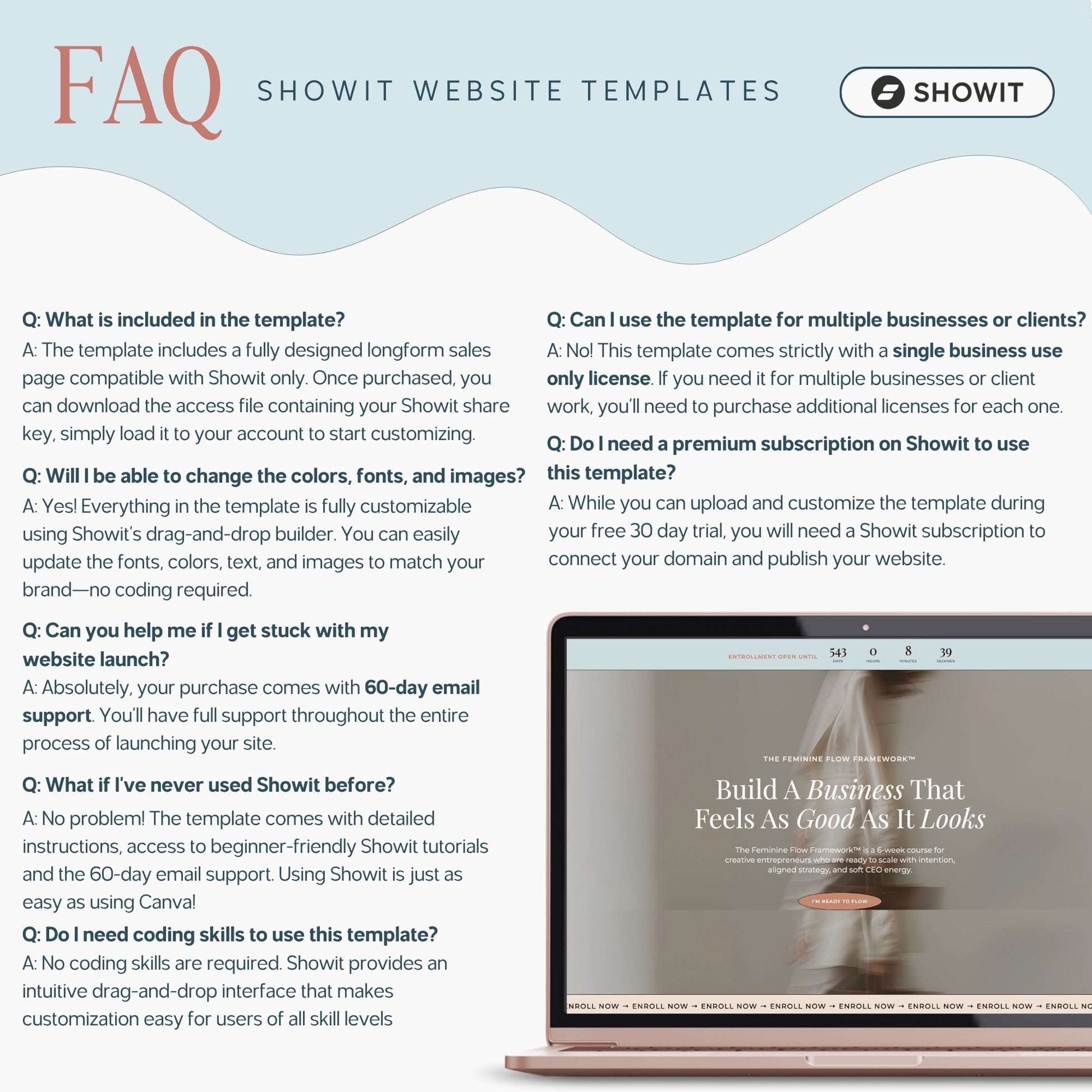 FAQ section for Showit course sales page template with a laptop displaying a website on a light blue background.